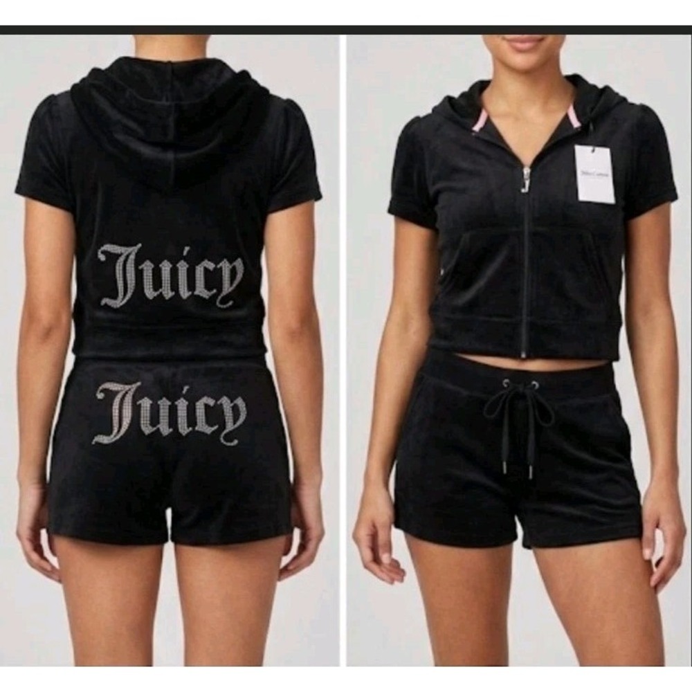 Juicy Couture Women's Terry Cloth Track Set Sz XL Black Hoodie Shorts Bling Y2K